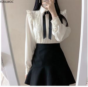Ruffled Autumn Spring Basic Office Lady Wear Wear Women Single Breasted Button Solid Peter Pan Collar Top White Shirts Bluses 240126