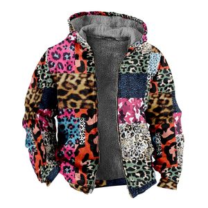 Herbst Winter Fleece Zip Up Hoodies Original Leopard Patchwork Digitaldruck Männer Parka Mantel Jacken Oberbekleidung Sweatshirts Straße 240123