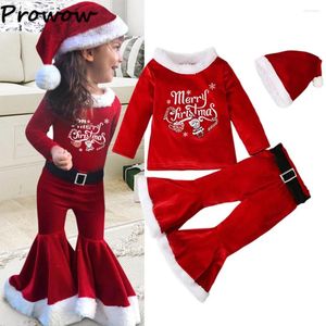 Комплекты одежды Prowow Girl, рождественские наряды для детей, Санта-Клаус, красный бархатный топ, брюки с поясом, шляпа, летний костюм, детский флисовый костюм