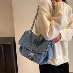 Sacos de noite Moda Mulheres Clássico Denim Tecido Cadeia Hasp Design Bolsa Satchel Tote Bolsa De Ombro Mulher Casual Mochila Bolsa Crossbody