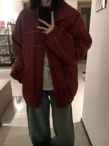 Damenjacken HOUZHOU Vintage Rote Windjacke Frauen Japanische Y2K High Street Oversize Reißverschluss Bomber Koreanische Hippie Mantel Weiblich