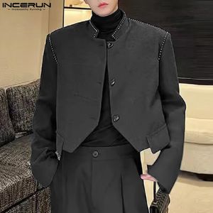 Mens Irregular Blazer Sequins Patchwork Stand Collar Long Sleeve Suits Streetwear Fashion Casual Male Crop Coats INCERUN 240201