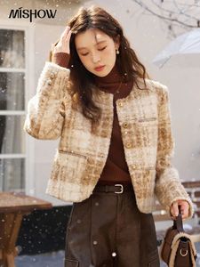 Mishow Womens Plaid Short Coat Autumn Winter Fashion Casure Crew Neck Jacket Single Breasted Outerwear Top MXC55W0144 240123