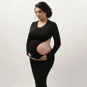 伸縮性のあるマタニティポグラルドレスセクシーなくぼみを明らかにする妊娠中の腹の長袖ドレスPOスタジオ衣類240129