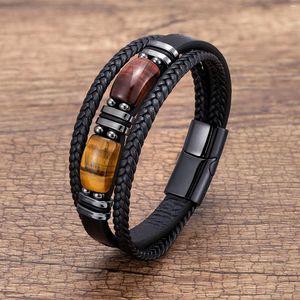 Charm Armband Natural Tiger Eye Stone Men's Wristband Armband Handvävd flerskikts flätade läderband Rostfritt stålsmycken