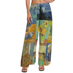 Spodnie damskie van gogh kolaż elastyczne talia słoneczniki drukują seksowne spodnie harajuku wzór szerokiej nogi