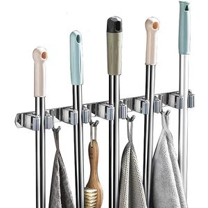 Mop Broom Holder Wall Mount 5 Racks 4 Hooks Broom Hanging Organisers Home Kitchen Garden Tvätt Garage Storage Tool Non-Slip 240131