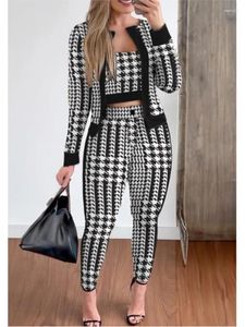 Women's Two Piece Pants 2024 Spring Autumn Set Temperament Casual Fashion Printed Tank Top Cardigan Long Sleeve Three