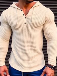 Spring Solid Color Slim Fit Long Sleeved Tshirt Men's Hooded Breathable Sports Top Waffle Cotton Casual Shirt 240127