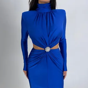 Sıradan Elbiseler Seksi Hollow Out Twisted İnce Kulüp Elbise Kadınlar Yarım Yaka Uzun Kollu Sıkı A-Line Moda Katı Draped Maxi