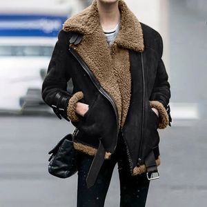 Fashion Woman Motorcycle Coat Autumn European Faux Fleece Short Jacket Lapel Biker Motorcycle Plus Size S-5xl Outwear 240125