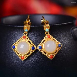 Dangle Küpeler Doğal Hetian Jade Duobao Stud Vintage Court Çin Klasik ve Etnik Tarzı S925 STERLING Silver South Red