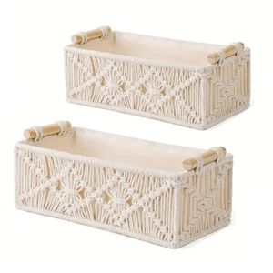 Macrame förvaringskorgar Boho Decor Box Handgjorda vävda dekorativa bänkskivtekniker för toalettstank hyllan Skåp arrangör för sovrum 240119