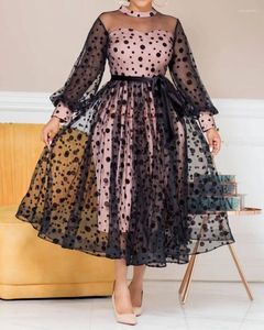 캐주얼 드레스 2024 스타일의 폴카 도트 전망 메쉬 드레스 패션 긴 소매 높은 허리 주름 파티