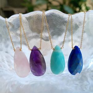 Collane con pendente 10 pz/pacco Collana di Cristallo Naturale Per Le Donne Goccia D'acqua Gemma Pietra Amazzonite Lapis Rosa Viola Piccola Catena Girocollo