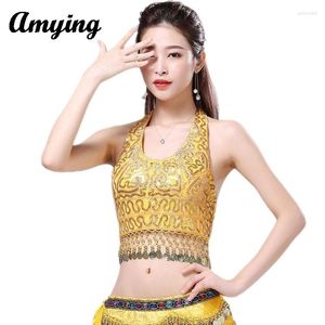 Bühnenkleidung 2024 Frauen Shiny Hang Münze Quaste Top Pailletten Performance Kleid Wrap Brust Sparkly Bauchtanz BH Damen Tänzerin