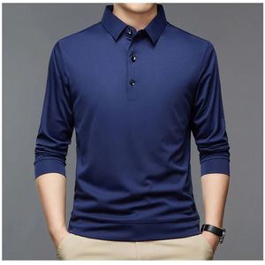 Streetwear moda erkekler katı polo gömlekler bahar sonbahar tişört Kore uzun kollu yaka ince erkek kıyafetler iş üstleri 2023 240123