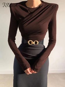 Women's T Shirts FSDA 2024 O Neck Brown Long Sleeve Crop Top Women Basic Casual Autumn Winter Sexig Black Ruched Streetwear Fashion