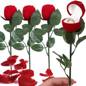 Sacchetti per gioielli Scatole per anelli con rose in velluto Romantico contenitore per fiori floccato rosso Custodie per organizer Custodie per proposte di San Valentino