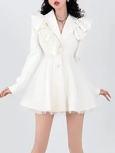 Casual Dresses Women White Blazer Dress Solid A-line Party Mini Ruffle Edge Office Elegant Wrapped Waist Panel Suit