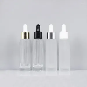 Förvaringsflaskor 30 ml Klar frostad glasflaskdroppar Lid Essential Oil Liquid Eye Serum Toner Whitening Moiture Skin Care Cosmetic
