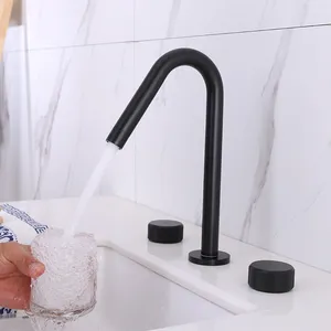 Banyo lavabo muslukları minimalist pirinç çift saplı üç delikli havza güverte monte edilmiş musluk mat siyah soğuk su mikseri musluk