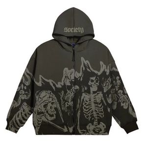 Vintage Men Anime Skull Hoodies Gothic Zip Up Long Sleeve Streetwear Women Loose Coats Harajuku Letter Print Hooded Sweatshirts y240118