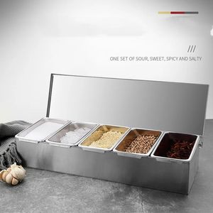 Zutatenbox aus Edelstahl mit 3/4/5 Abschnitten, Salz, Zucker, Käse, Sauce, Gewürzbox, Werkzeug zur Pizzaherstellung, Snack-Aufbewahrungsbox 240118