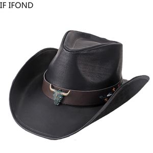 100% Leather Men Women Western Cowboy Hat Wide Brim Godfather Hats Gentleman Church Sombrero Hombre Jazz Cap 240202