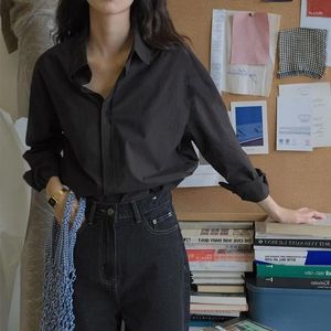Blusas femininas camisa preta para mulheres oversized elegante coreano moda manga longa vintage topos senhora do escritório casual estética básica