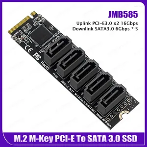 Computer Cables Riser Card M.2 Key JMB585 för NVME -omvandlare med Sataiii SATA 3.0 -kabel PCIe till 5 portar III 6G SSD -adapter