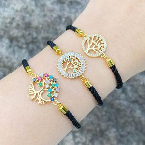 Charm Bracelets FLOLA Multicolor Crystal Tree Of Life For Women Black Rope Chain String Lucky Jewelry Brtm55