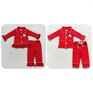 Kläder sätter barn långa ärmar knappa ner set baby pojke flicka broderi jul jultomten sömnkläder röda byxor barn outfit spädbarn pyjamas