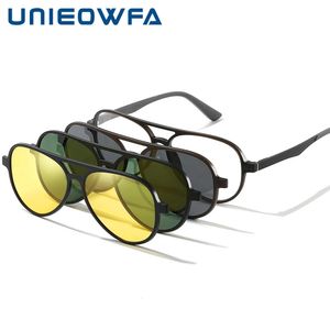 3Pcs Night Vision Magnetic Clip on Glasses Men Frame Prescription Optical Eyeglasses Myopia Aviation Polarized Sunglasses 240131