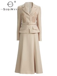 Seqinyy Beige Suit Spring Autumn Fashion Design Women Runway Högkvalitativ applikationer Lace Flower Blazer Midi kjol Elegant 240202
