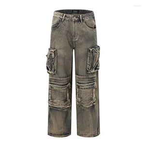 Erkekler Kot Hi Street Vintage Kargo Pantolonları Çok Cep Sokak Giyim Erkek Patchwork için Gevşek Kot pantolon