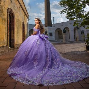 Lavanda Al Largo Della Spalla Perline di Cristallo Abiti Quinceanera Abito di Sfera Appliques Fiocco di Pizzo Tull Dolce 15 Abiti De XV Anos