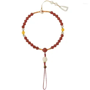 Keychains Chinese Style Natural Red Agate Jade Cellphone Chain Rope Ancient Short Wrist Lanyard Keychain