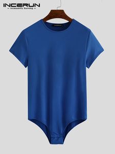 Incerun män bodysuit fast färg pyjamas sexig andningsbar kort ärm o-hals rompers underkläder fitness män bodysuits s-5xl 240131