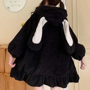 Kvinnors hoodies 2024 kawaii kvinnor vinter överdimensionerade kanin öron plysch tröja långärmad söt toppar varm zip upp