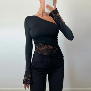 Women's T Shirts Women Long Sleeve T-Shirts Lace Patchwork Oblique Shoulder Casual Spring Fall Slim Fit Tops Streetwear