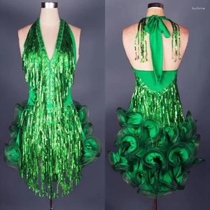 Palco desgaste vestido de dança latina verde traje profissional para mulheres franja samba colorido mulheres vestidos de competição de salão borlas