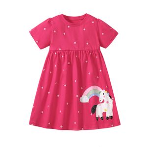 Jumping Meters 27 Years Summer Princess Baby Girls Dresses Horse Applique Party Birthday Kids Short Sleeve Clothing 240126