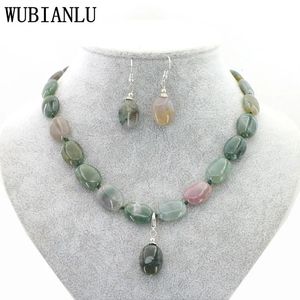 WUBIANLU Womens Pendant Necklace Earrings Jewelry Set Natural Stone 13X18mm Red Rubies Agates Jades Opal Oval Bead T218 240118