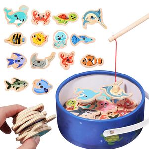 Montessori Wooden Magnetic Fishing Toys for Baby Cartoon Marine Life Cognition Fish Games Education ParentChild Interactive 240118