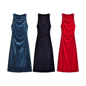 Taop ZA 초반 봄 제품 여성 패션 및 우아함 슬림 한 슬림 한 민소매 주름 장식 벨벳 드레스 240127