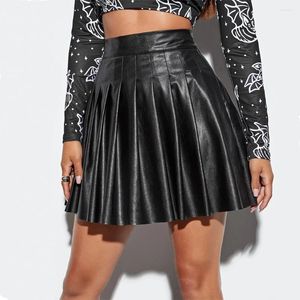 Skirts Women Pleated Mini Solid Faux Leather High Quality Sexy Elegant Stretchy Waist PU Skirt For Date Club Party