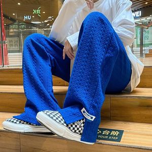 Män high street Sweatpants Fashion Loose Casual Side Slitt rakt byxor Vintage Blue Jacquard Casual Bottoms Male Clothes 240122