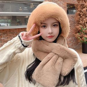 Berets Winter Cute Sweet Hat Scarf One-Piece Riding Warm Hats For Women Thickened Plush Cap Casual Windproof Pullover