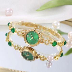 Wristwatches Women's Light Luxury Watch Brand Fashion Green Jade Diamond Set Small Waterproof Gold Coin Pattern Bracelet WatchV71